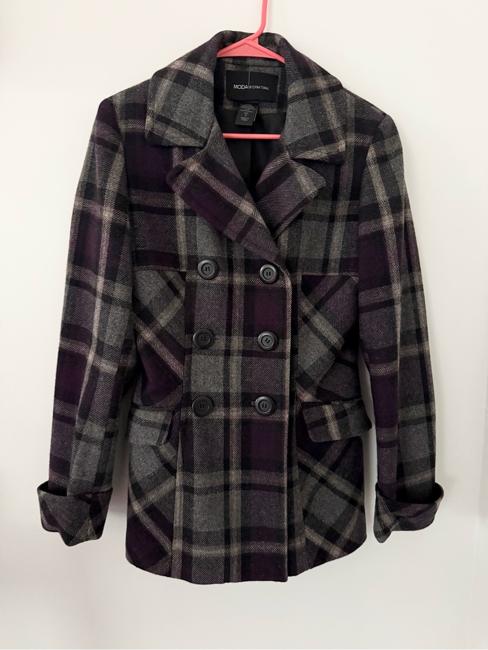 Moda International Gray and Purple Plaid Double-Breasted Peacoat